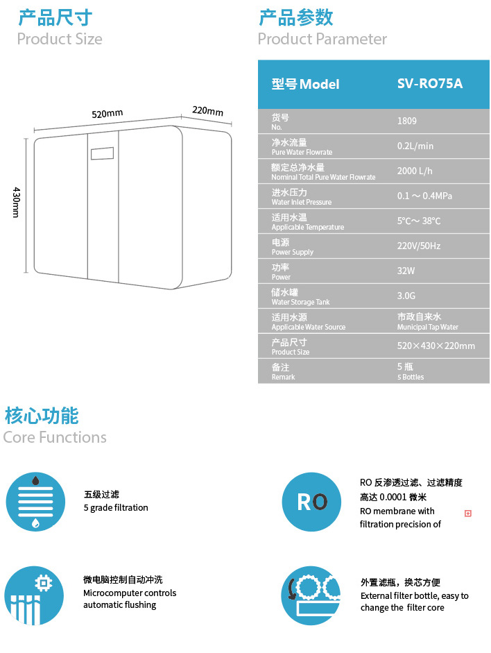 森薇反渗入净水器 SV-RO75A(1809)产品参数